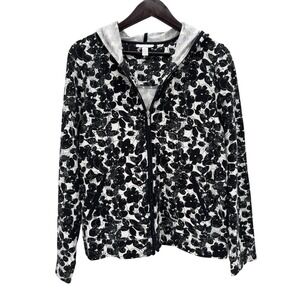 Charter Club Women's Black White Floral Print Zip Up Hood Lightweight Jacket XL